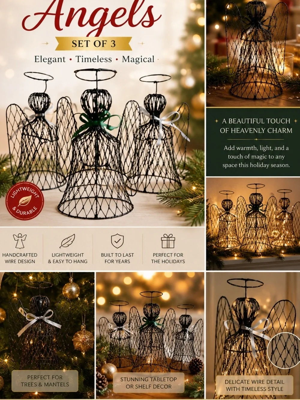 Wire Mesh Christmas Angels Set of 3 Black Metal Holiday Decor